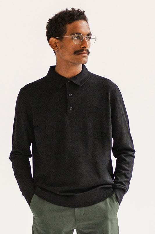 MERINO BLACK POLO LONG SLEEVE